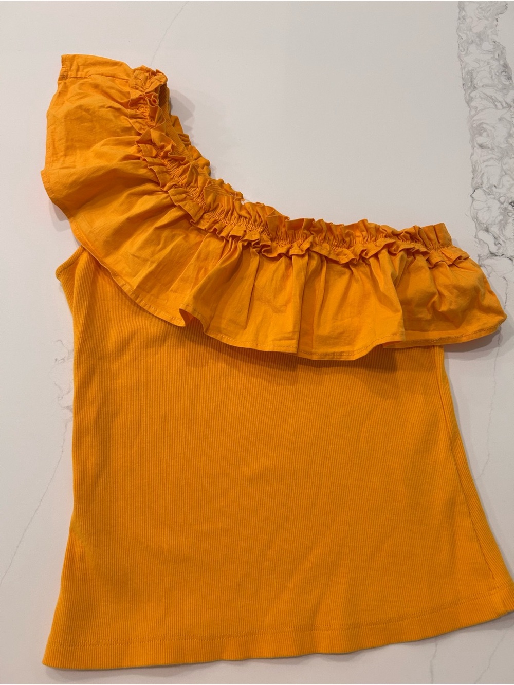 Anthropologie One-Shoulder Ruffle Top in Vibrant Orange
